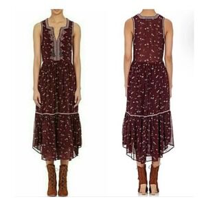 Ulla Johnson Leena Floral Embroidered Midi Dress 6 Burgundy Boho Silk Tassel